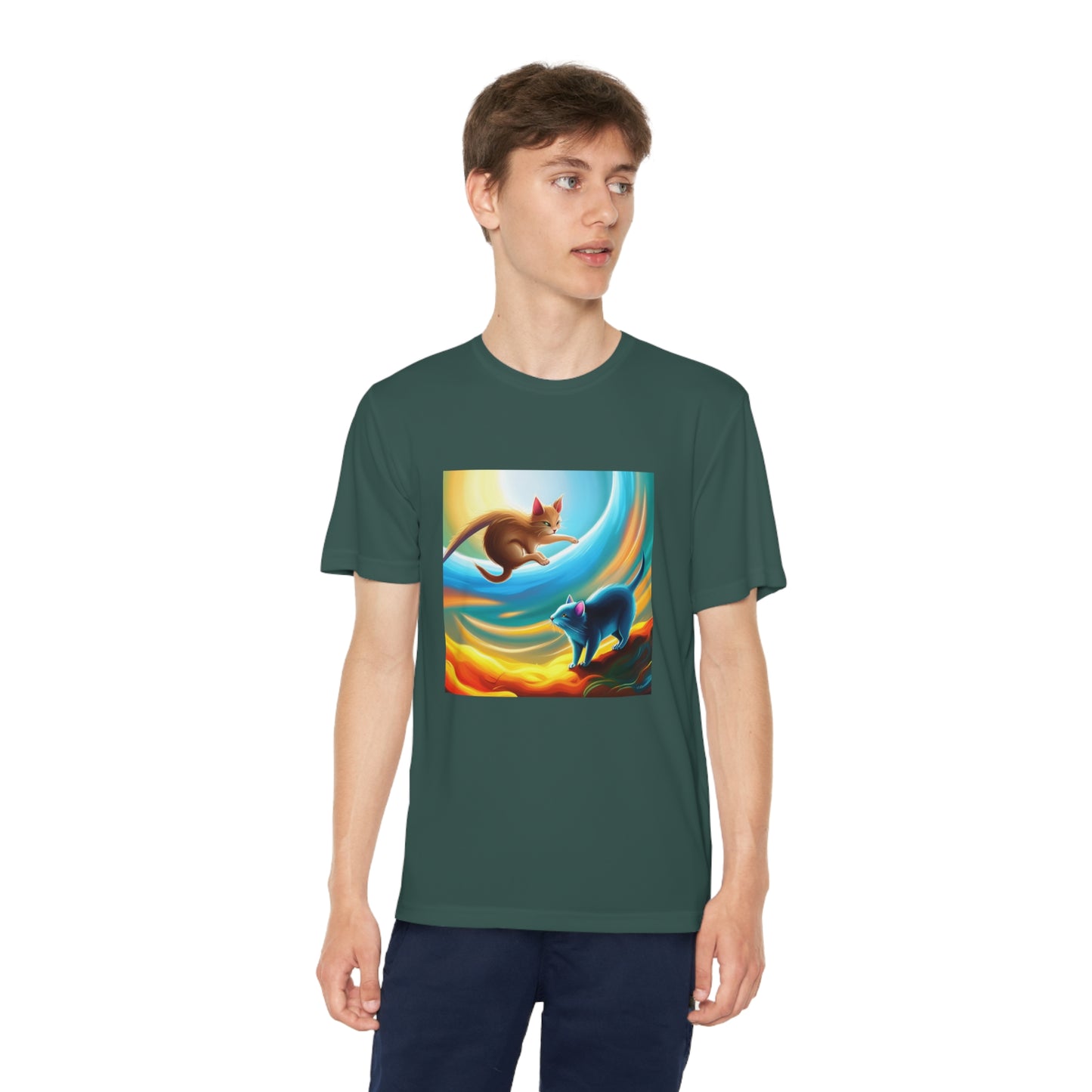 Sadies Flying Cat Chasing a RAT AI Kids TEE