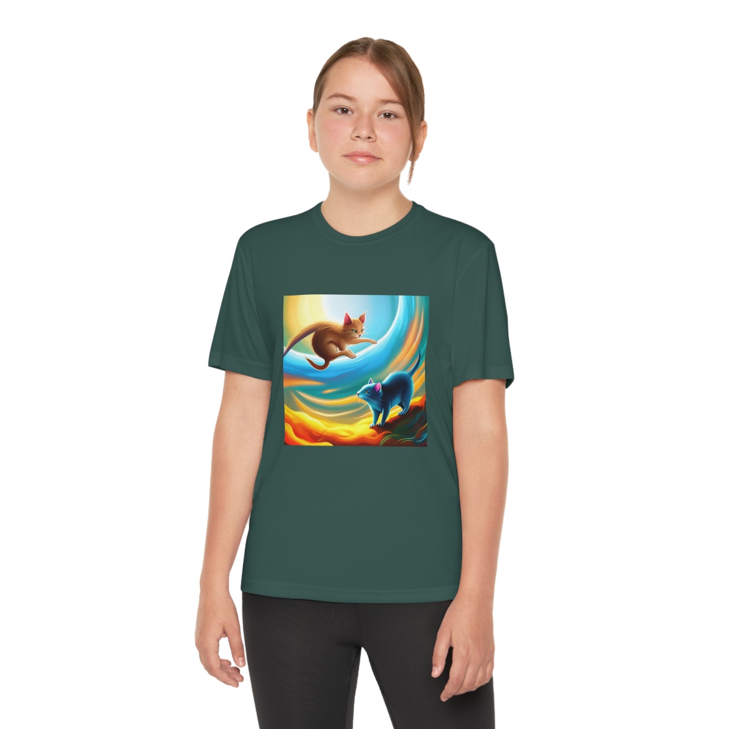 Sadies Flying Cat Chasing a RAT AI Kids TEE