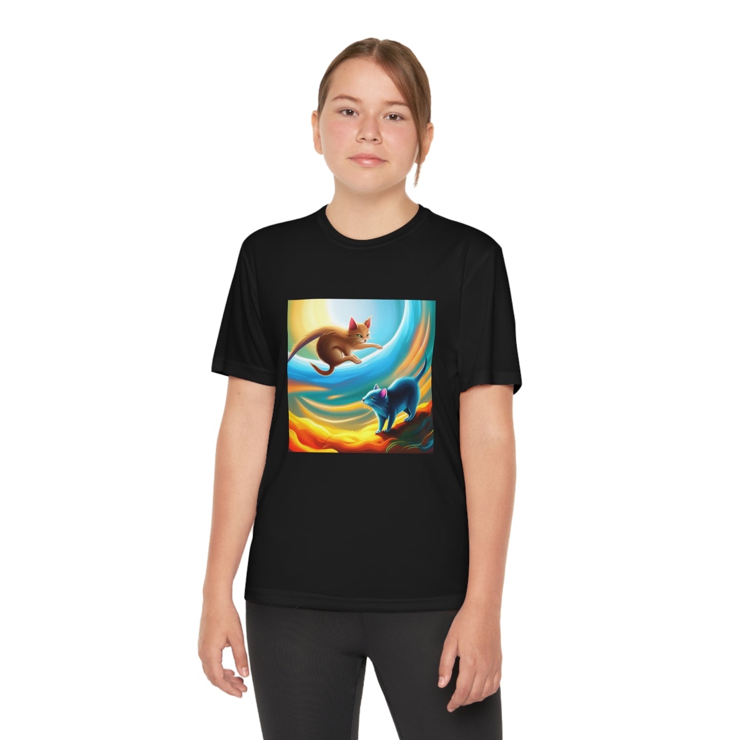 Sadies Flying Cat Chasing a RAT AI Kids TEE