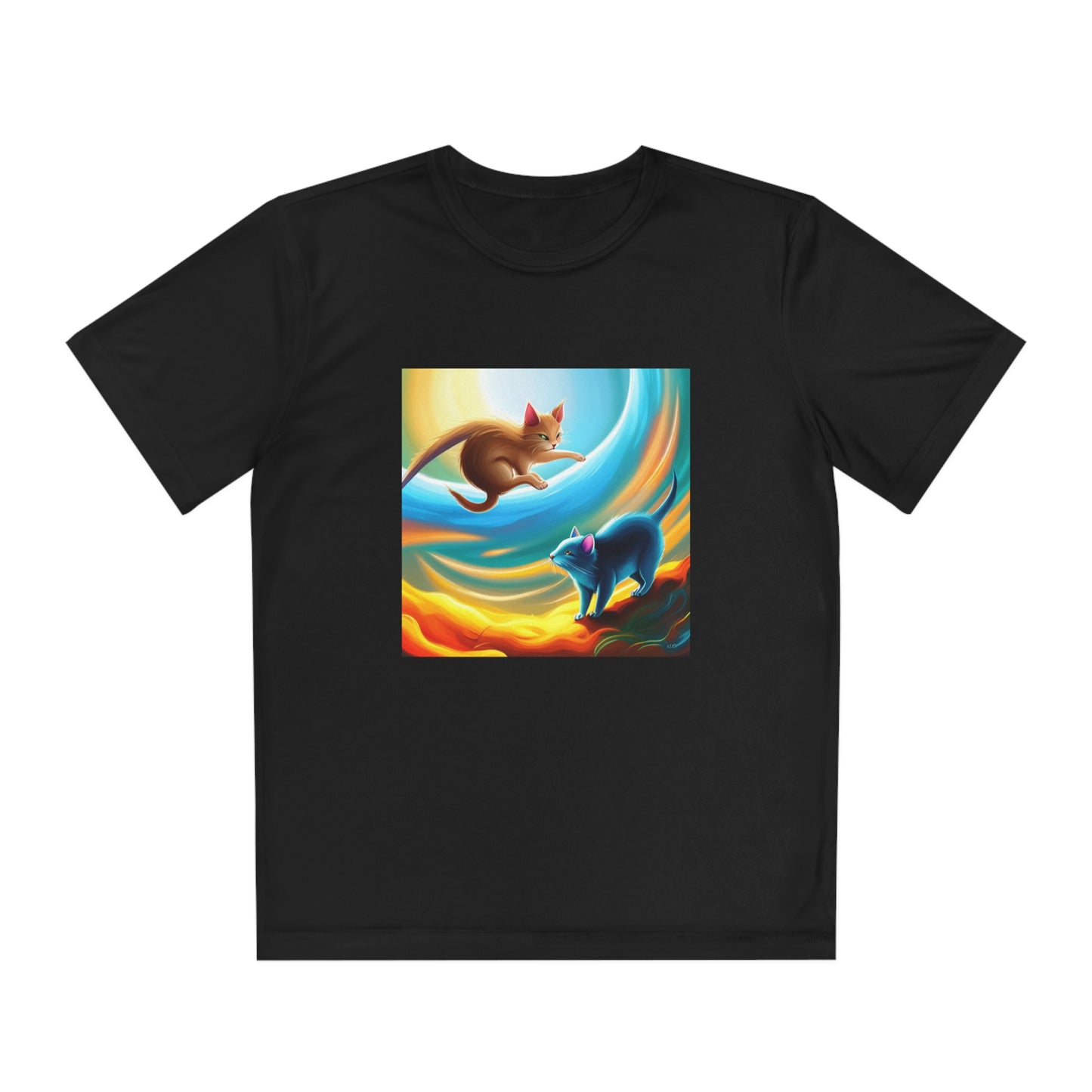 Sadies Flying Cat Chasing a RAT AI Kids TEE