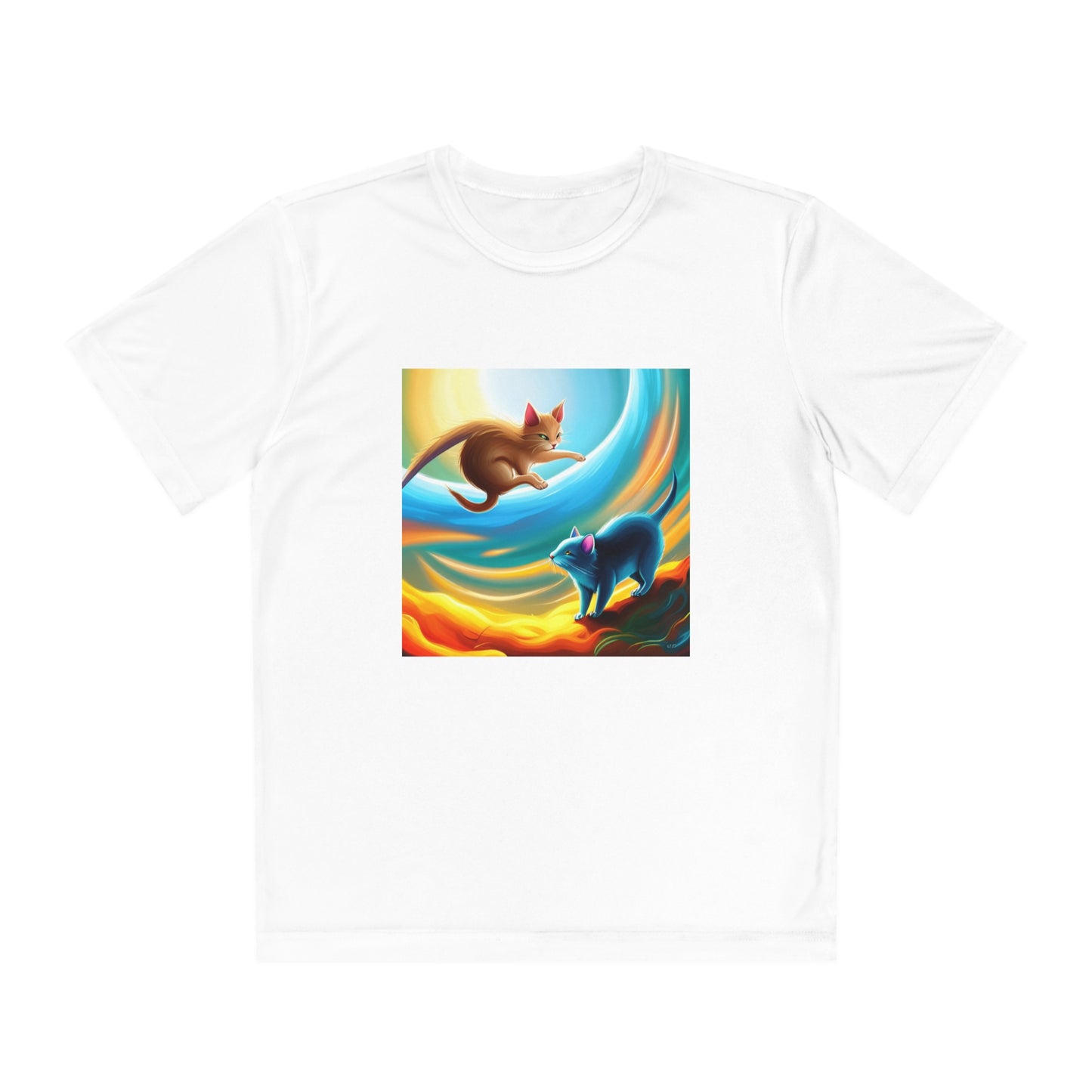 Sadies Flying Cat Chasing a RAT AI Kids TEE