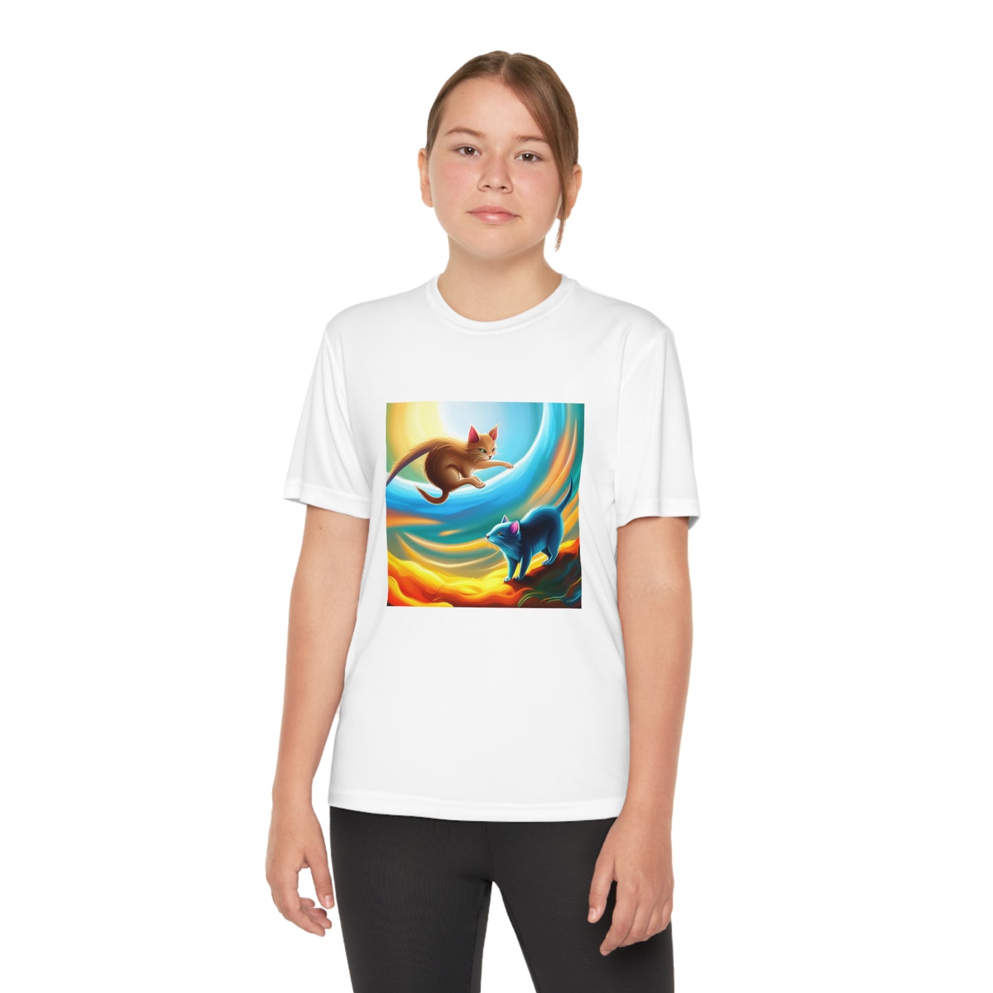 Sadies Flying Cat Chasing a RAT AI Kids TEE