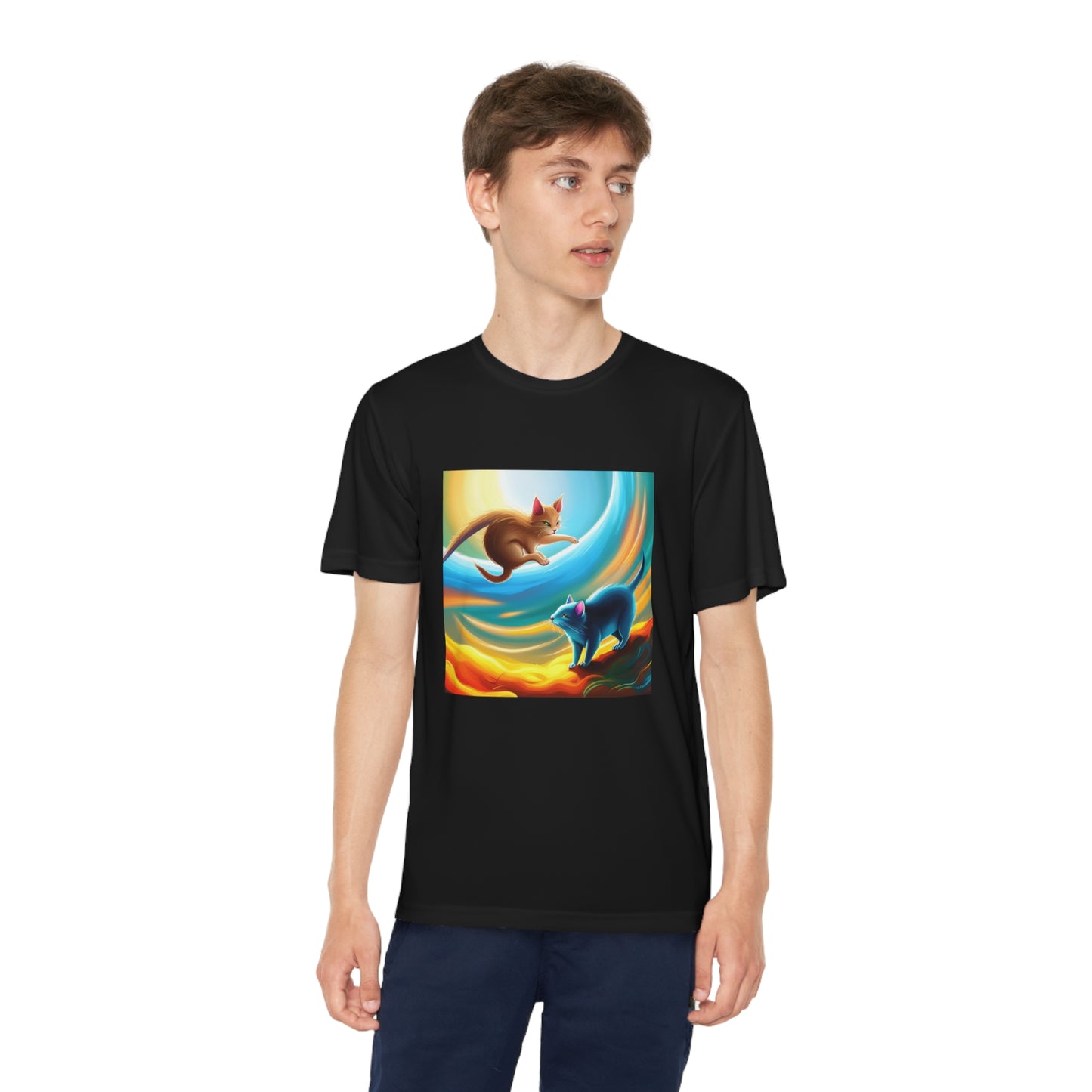 Sadies Flying Cat Chasing a RAT AI Kids TEE